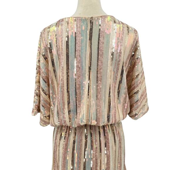 Karlie Sequin Gold Glitter Stripe Faux Wrap V-neck Mini Party Dress - Picture 10 of 16